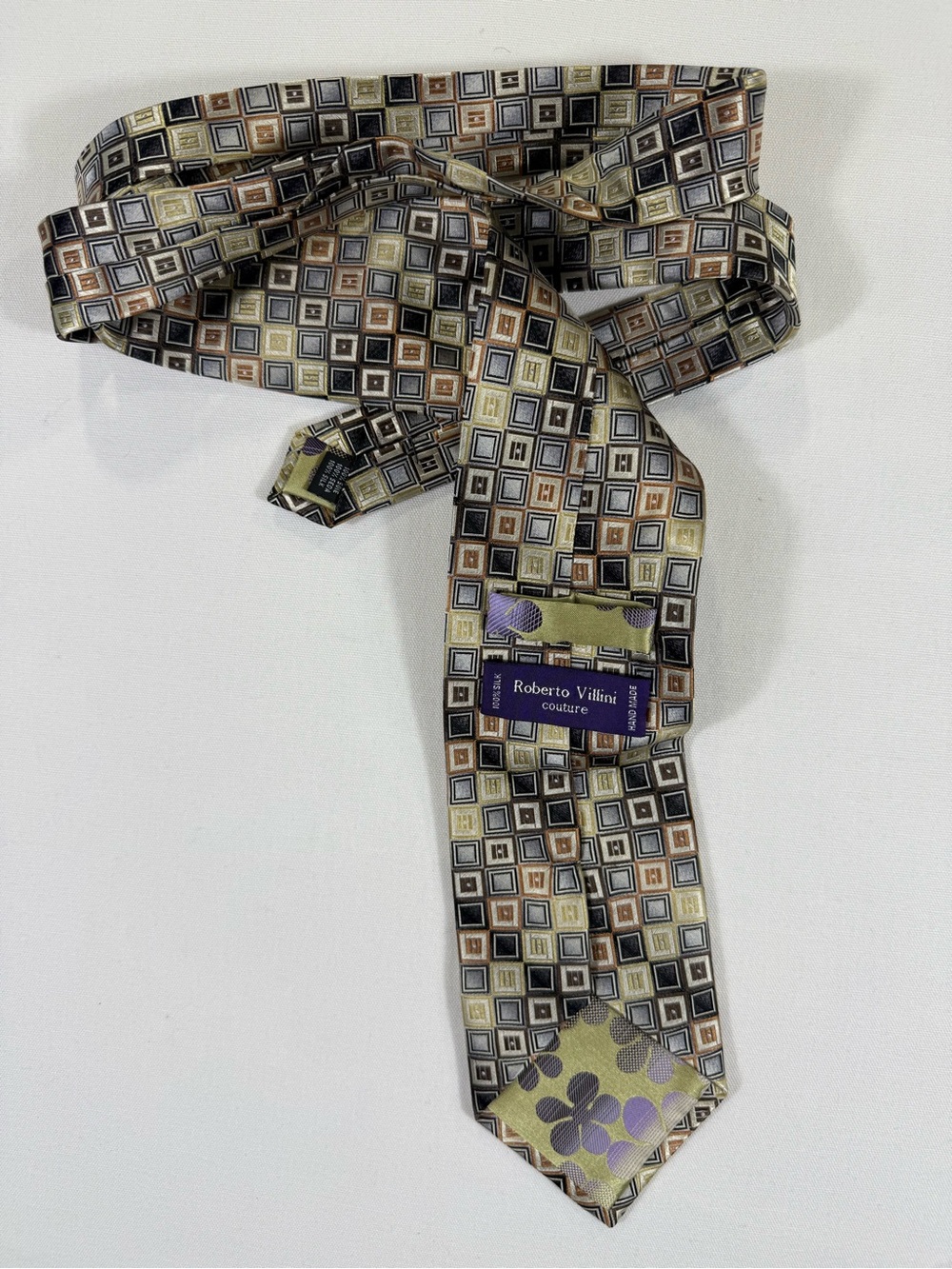 Roberto Villini Olive and Brown Geometric Silk Tie